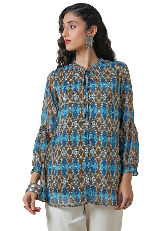 Soch Womens Olive Tie-Up Neck Printed A Line Chiffon Tunic