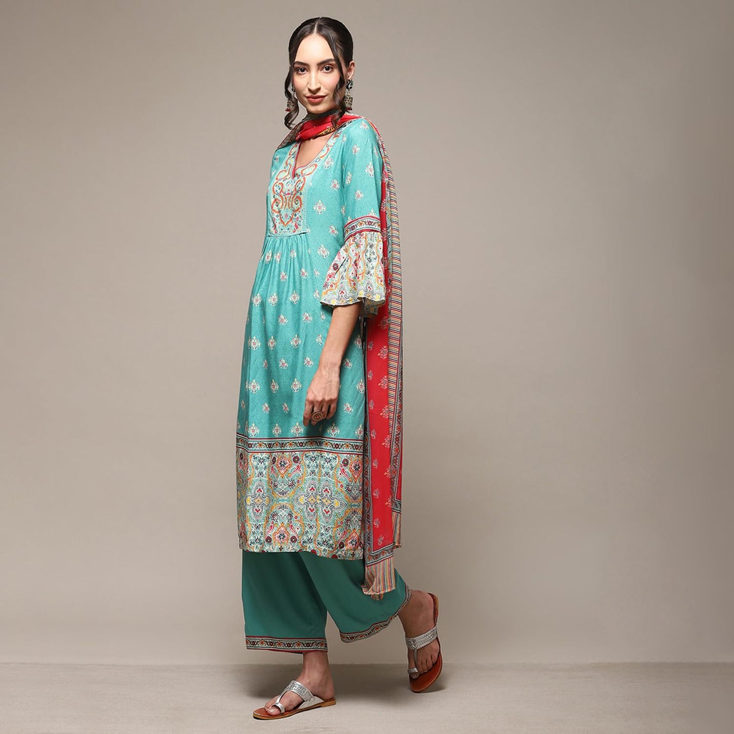 BIBA Rayon Women Printed Gathered Salwar Kurta Dupatta(Skdfolk Tal9033_Sea Green_36)