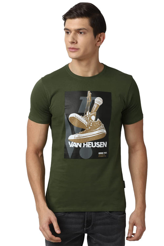 Van Heusen Men's Graphic Slim T-Shirt (VDKCESLF782898_Solid Olive L)