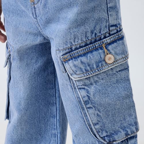 Hopscotch Girls Cotton Cargo Jeans in Blue Color for Age (4-5 Years)
