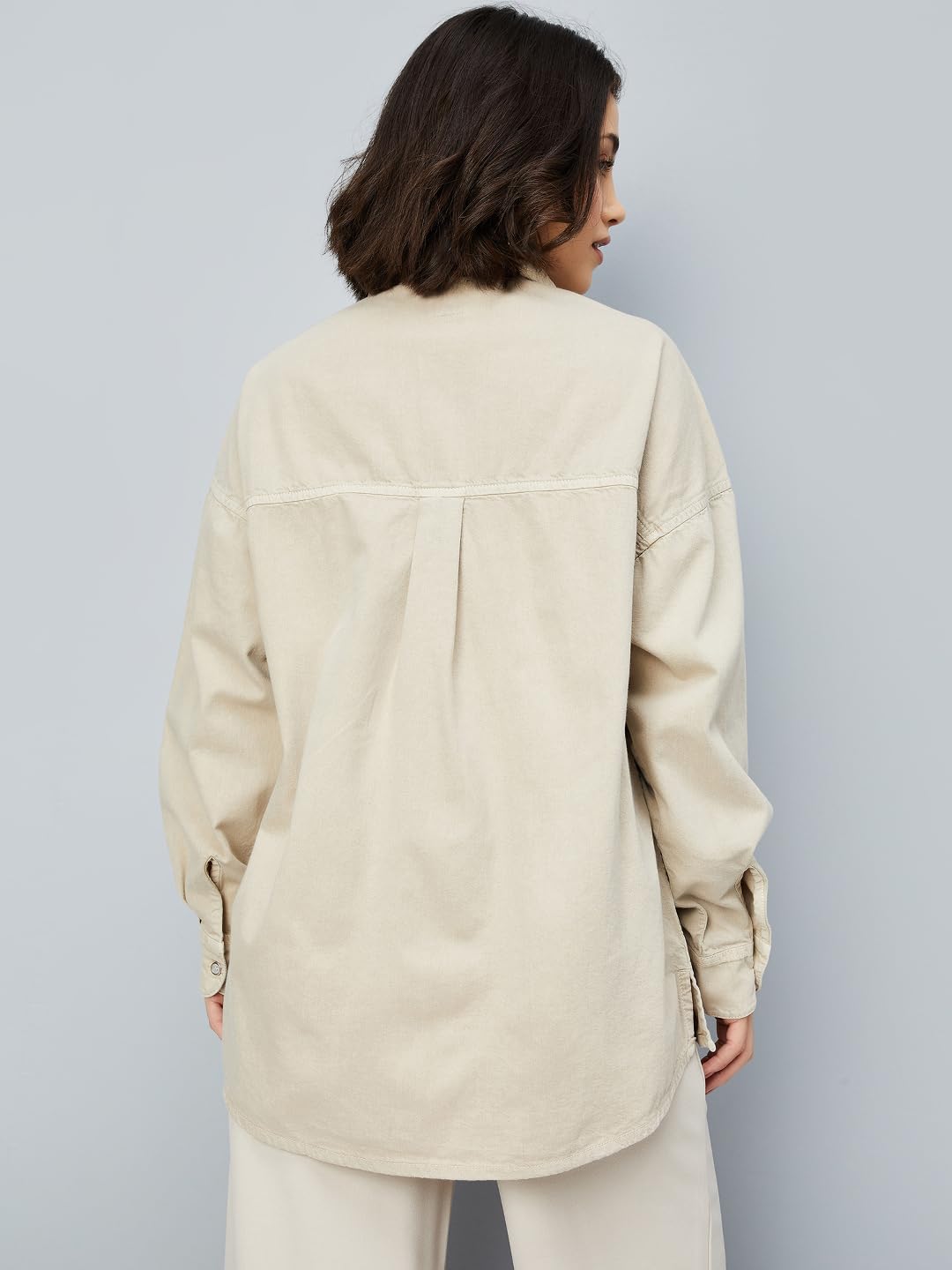 Max Women Solid Oversized Shirt(Beige_L)