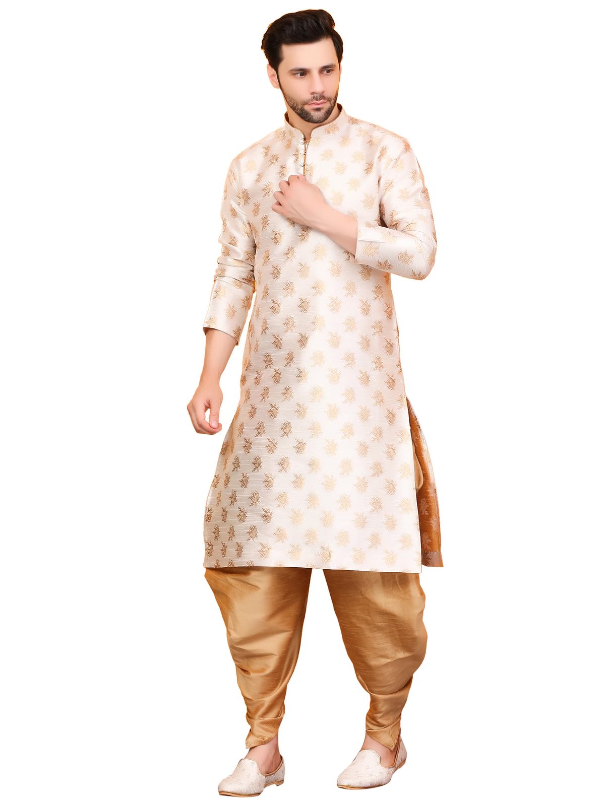 Over Crowd Men New Look Floral Gold Leaves Jacquard Kurta & Salwar Set (Cream & Gold);Size:42, XL