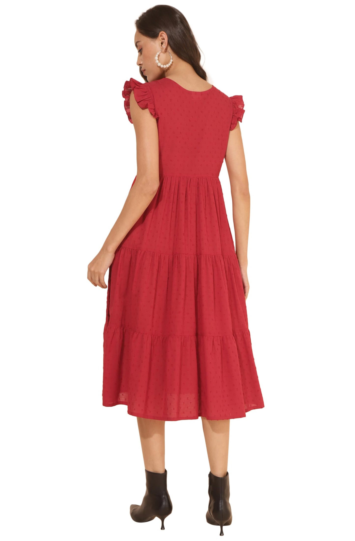 Janasya Women's Red Cotton Dobby Solid Tiered Dress(JNE4371-DR-M)