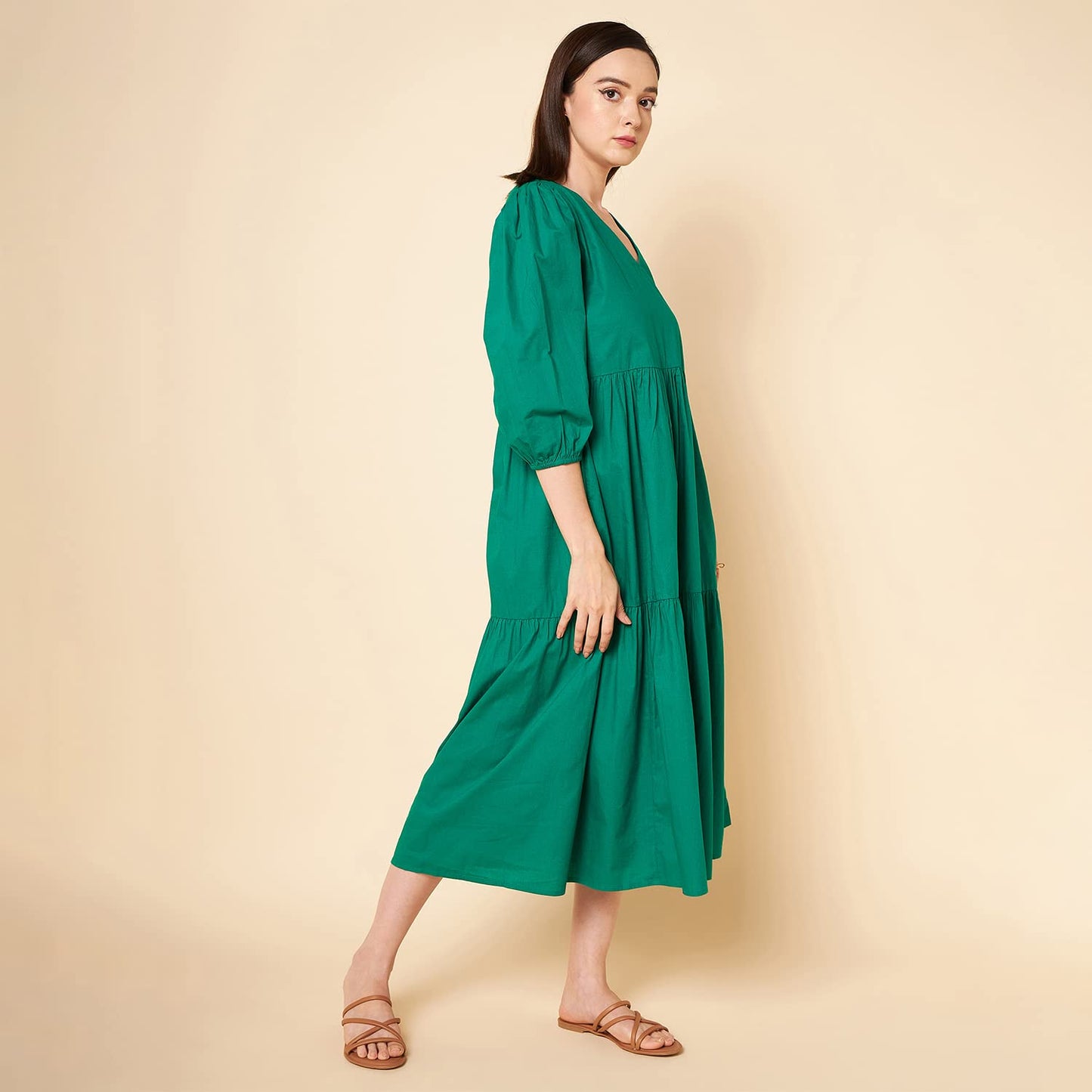 High Star Cotton Pleated Maxi Women Dress (HSWDRS23005_GN_Green