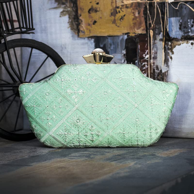 Artklim Pastel Green Boat Shaped Clutch With Sequines