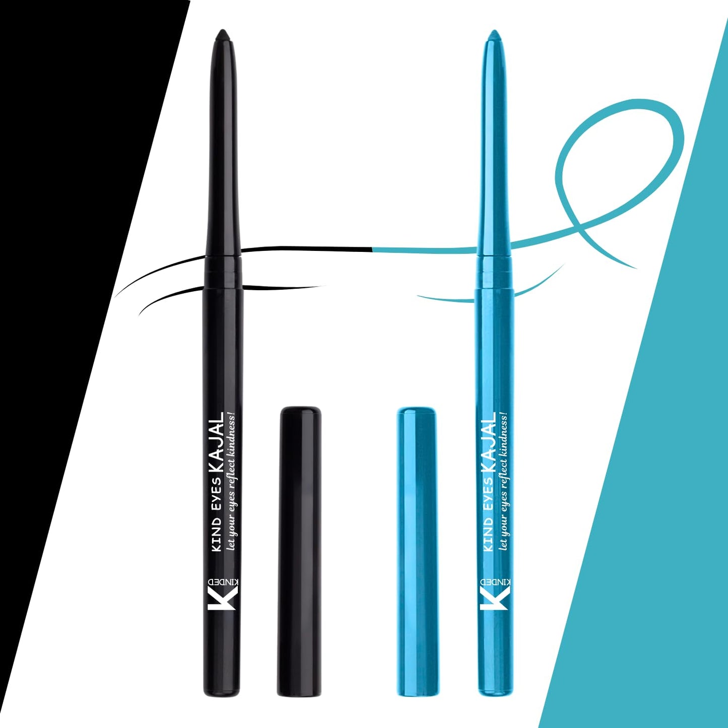 KINDED Kind Eyes Kajal 3 in 1 Kohl Kajal Eye Liner Smokey Eye Shadow Waterproof Smudge Proof 18 Hours Colour One Stroke Auto Kajal Pencil (Combo 0.35 gm each, Boundless Black & Treasured Turquoise)