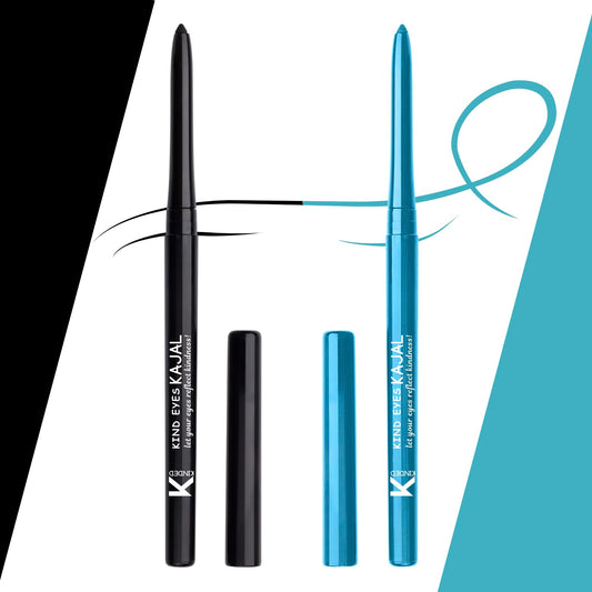 KINDED Kind Eyes Kajal 3 in 1 Kohl Kajal Eye Liner Smokey Eye Shadow Waterproof Smudge Proof 18 Hours Colour One Stroke Auto Kajal Pencil (Combo 0.35 gm each, Boundless Black & Treasured Turquoise)