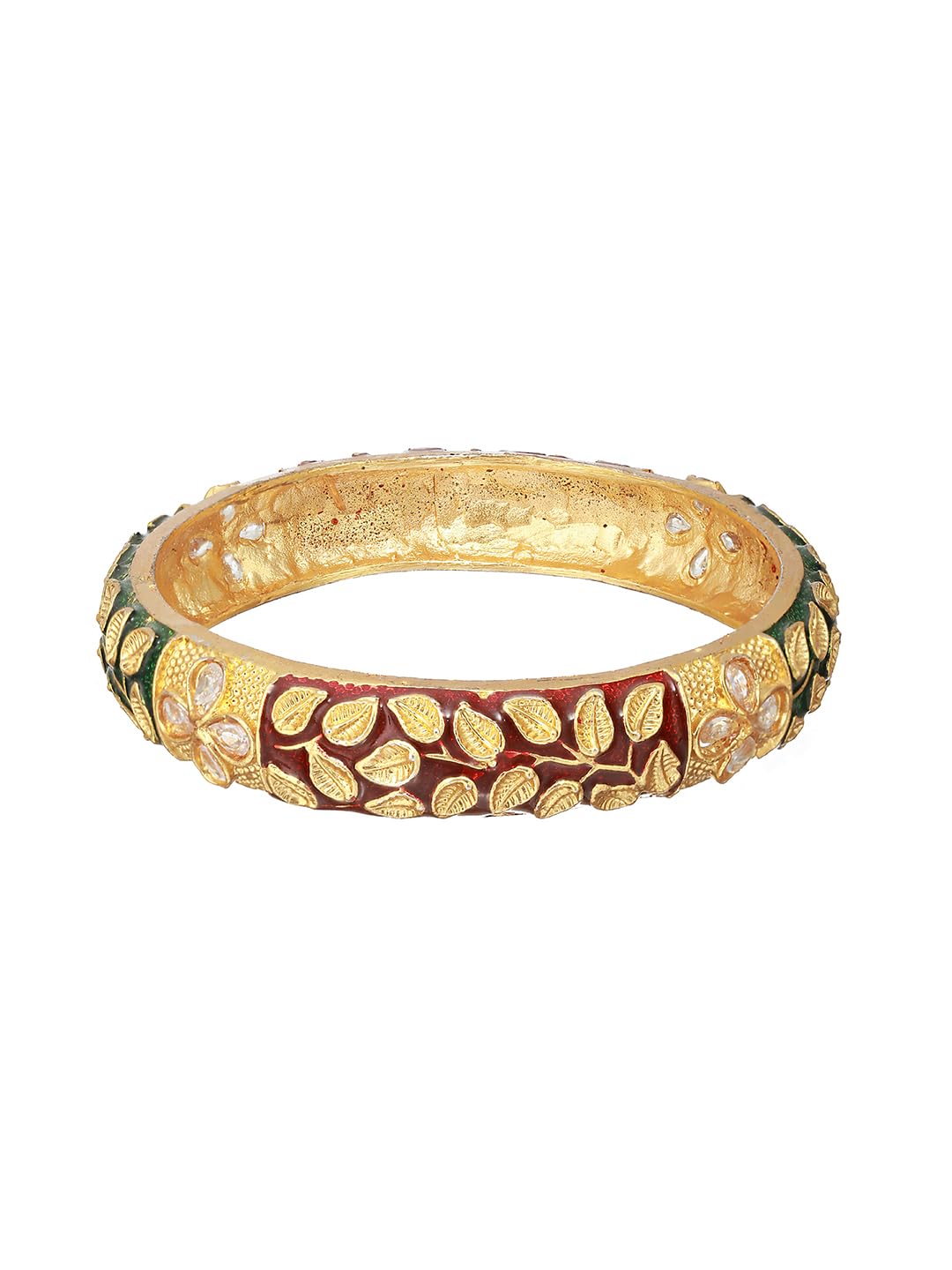Priyaasi Red & Green Studded Leaf Meenakari Gold-Plated Bangle Set of 2 for Women