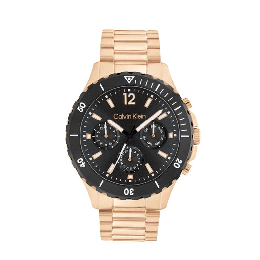 CALVIN KLEIN Sport for Him Qtz Multifunction Black Round Dial Men's Watch|Ionic Plated Rose Gold Steel Material|Rose Gold Color Band - 25200315