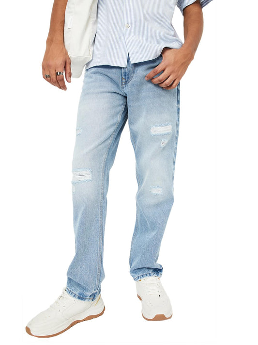 Max Men Washed Distressed Straight Fit Jeans, Blue, 28
