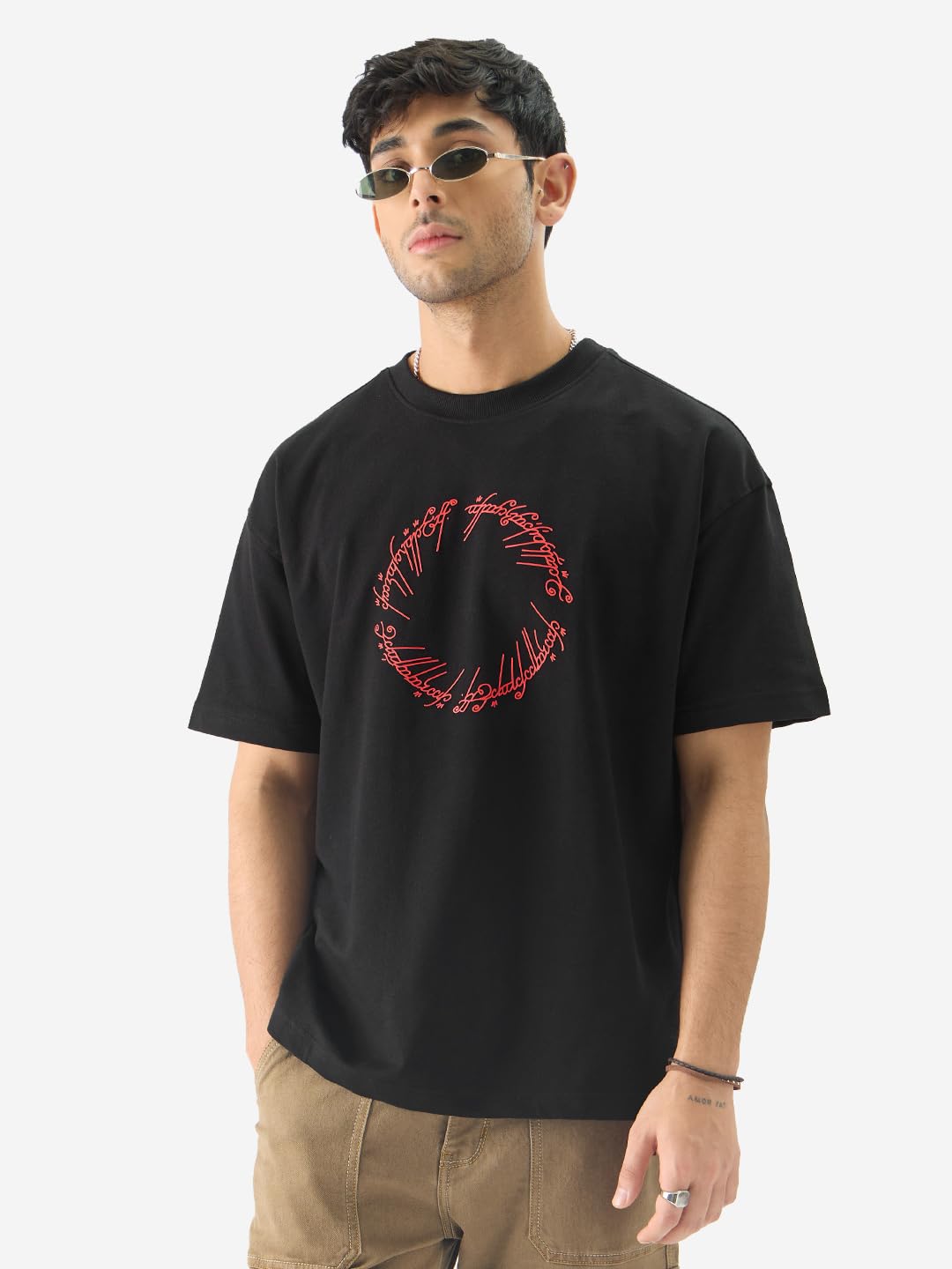 The Souled Store Official Lord of The Rings: You Shall Not Pass Short Sleeve Round Neck Black Graphic Printed Cotton Oversized T-Shirts for Men & Boys