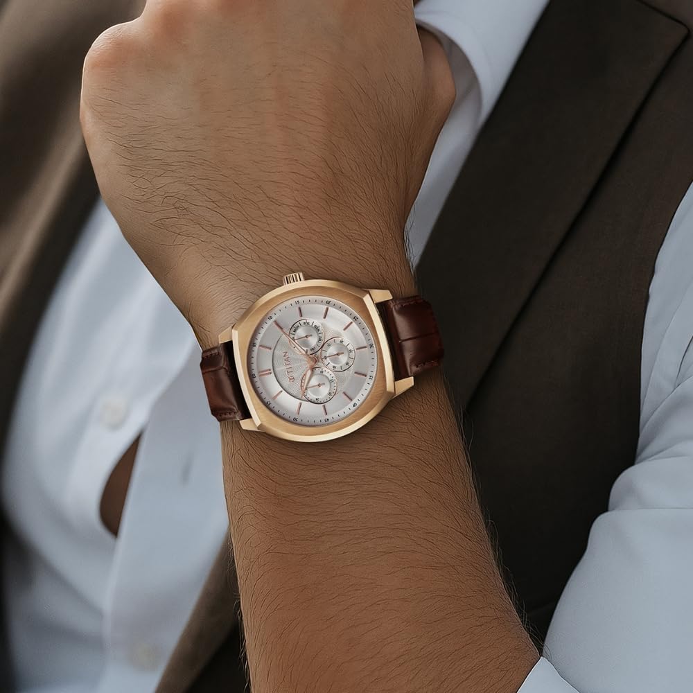Titan Regalia Arc Analog with Day Date Second Subdial and Silver Dial Brown Leather Strap Watch for Men - 90213WL01