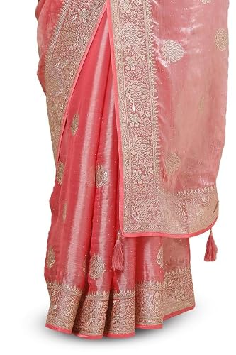 Soch Womens Peach Organza Embroidered Saree With Stone Work