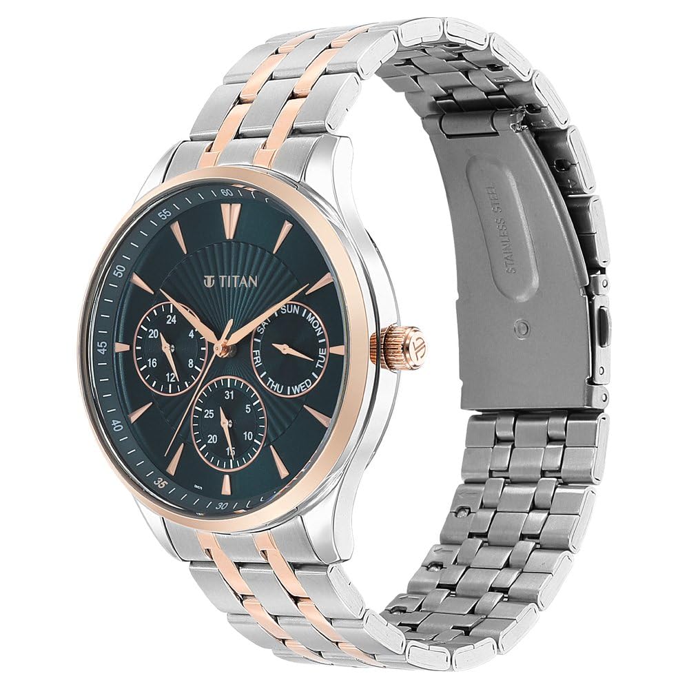 Titan Regalia Opulent LII Quartz Multifunction Teal Green Dial Two Toned Silver and Rose Gold Stainless Steel Strap Watch for Men - NT90127KM02