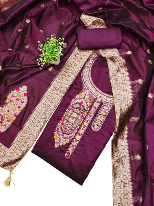 VARNI FABRICS Jacquard with Handwork Dress Material for Women Solid Unstitched Woman Salwar Suit Dress Material with Jacquard Dupatta Deep Purple