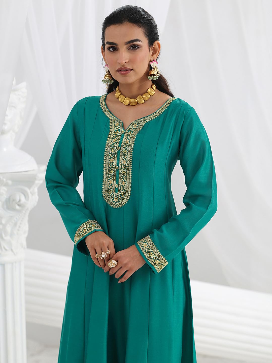 Libas Embroidered Silk Blend A-Line Ethnic Dress with Dupatta-93606M