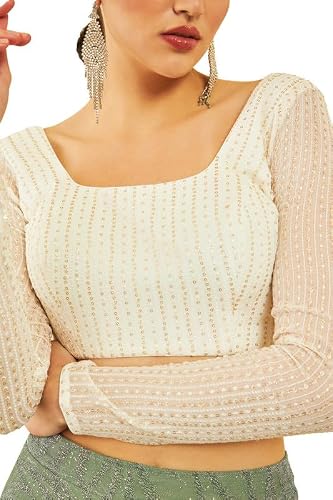 Soch Womens Cream Georgette Sequinned Embellished Blouse with Tie-Ups