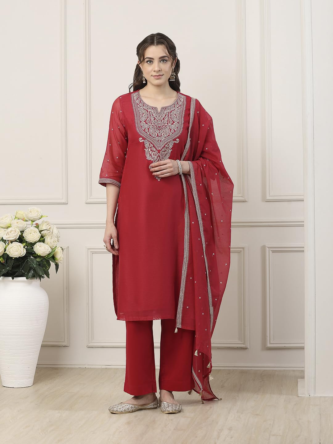 Biba Women Red Poly Chanderi Straight Suit Set_32
