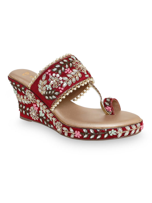 V-WALK Women's Slip-Ons Floral Embroidered Ethnic Wedge Heel Bridal Sandals | Wedding, Ethnic, Festive Occasions Bridal Heels for Women | Heel Height: 3 Inches | Maroon