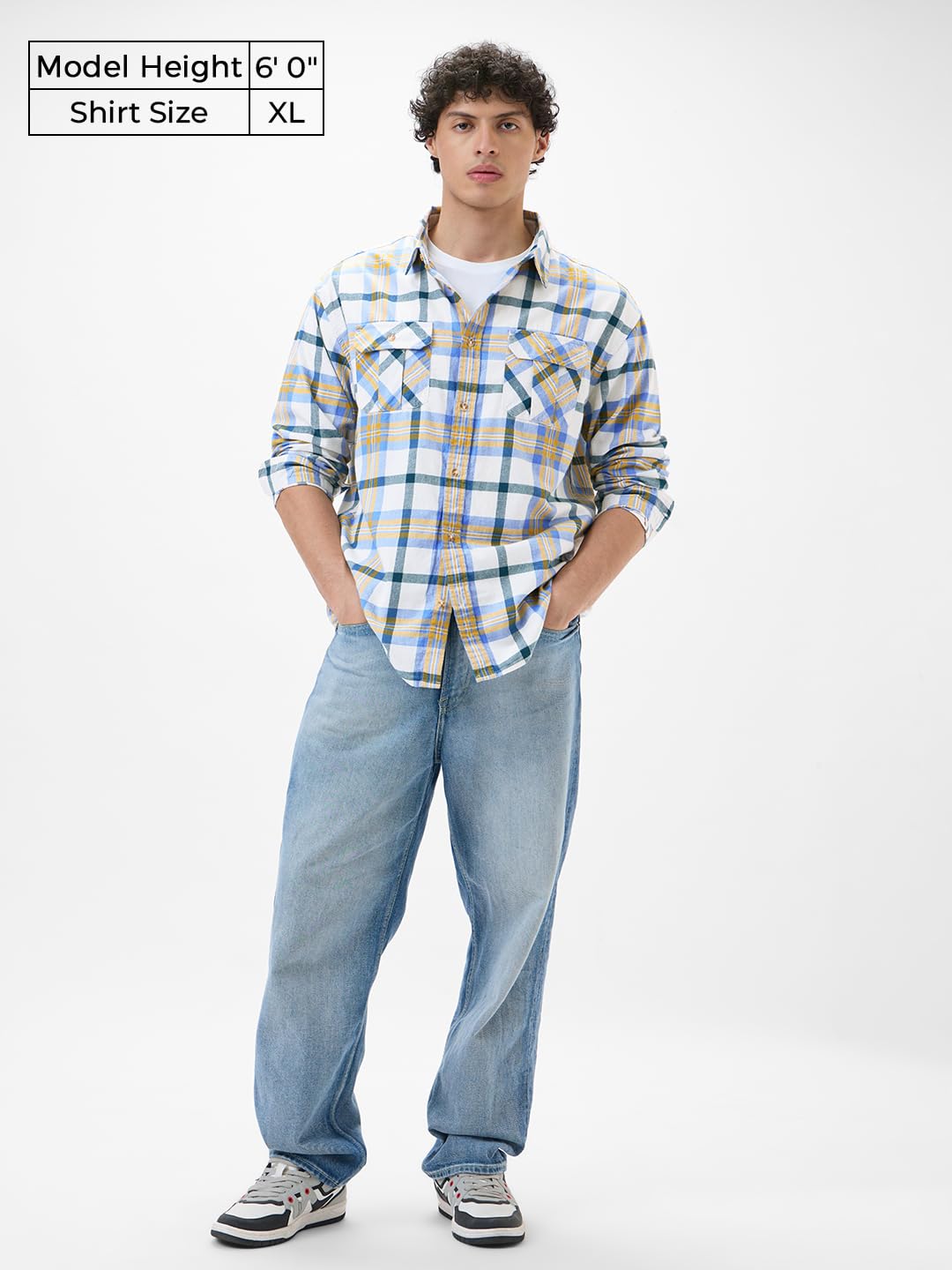 The Souled Store Plaid: Sailor Men and Boys Long Sleeves Collared Neck Button Front White Cotton Regular Fit Utility Shirts