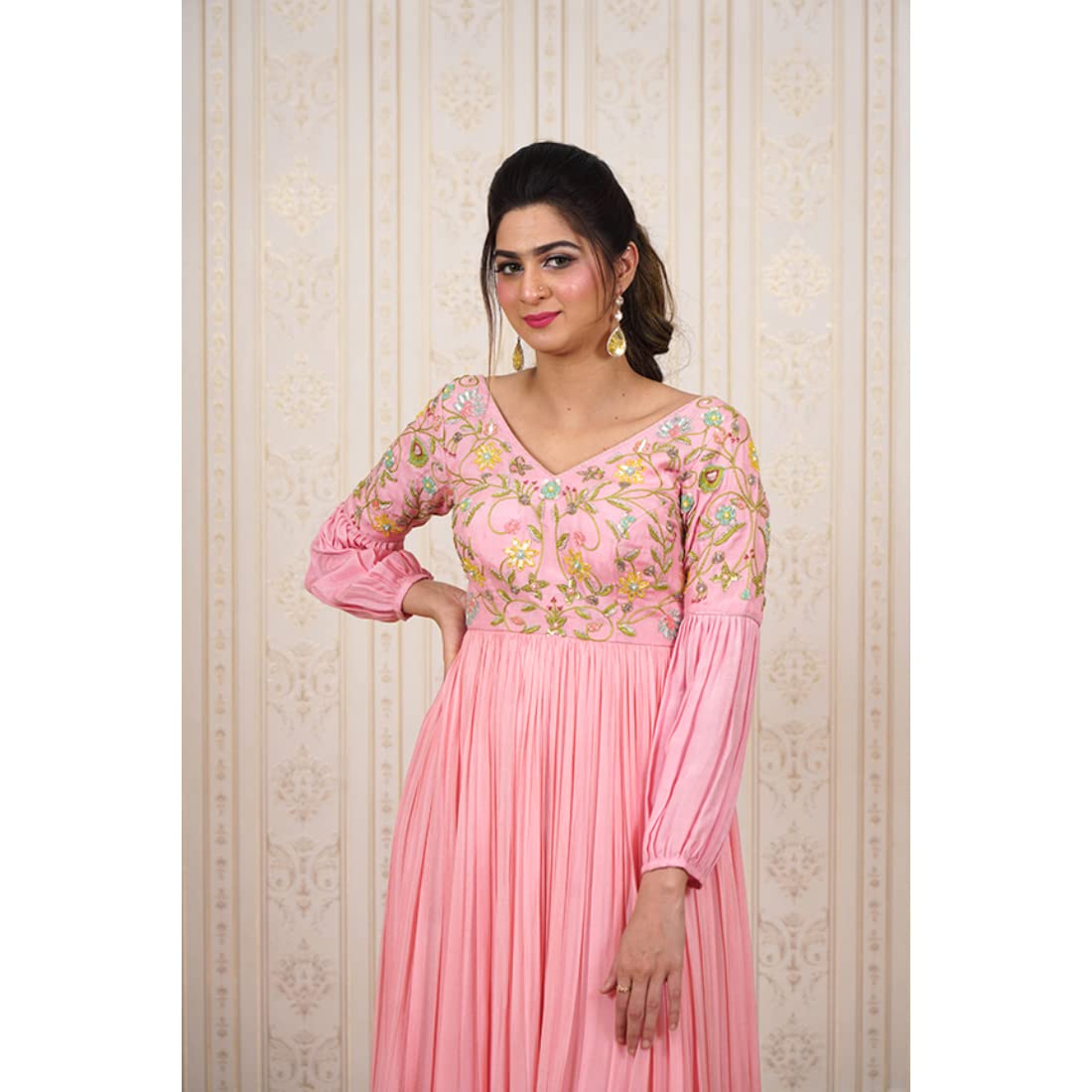 Avy's Label Chiffon Long Frock Baby Pink Maggam Work Lining Attached (Baby Pink, 38)