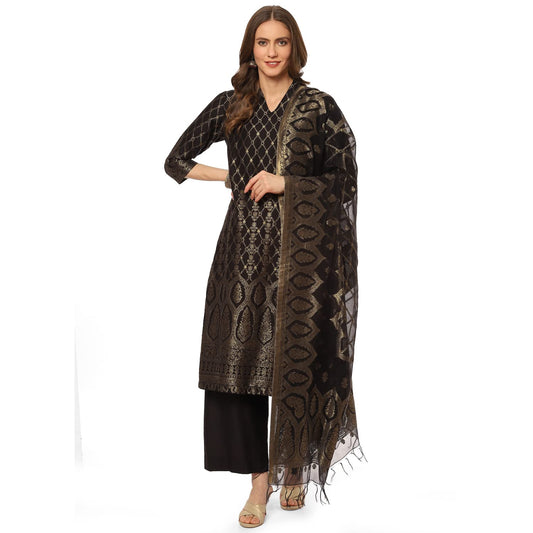 BIBA WOMEN YARNDYED STRAIGHT SALWAR KURTA DUPATTA(SKDASSORTED8389_BLACK_42)