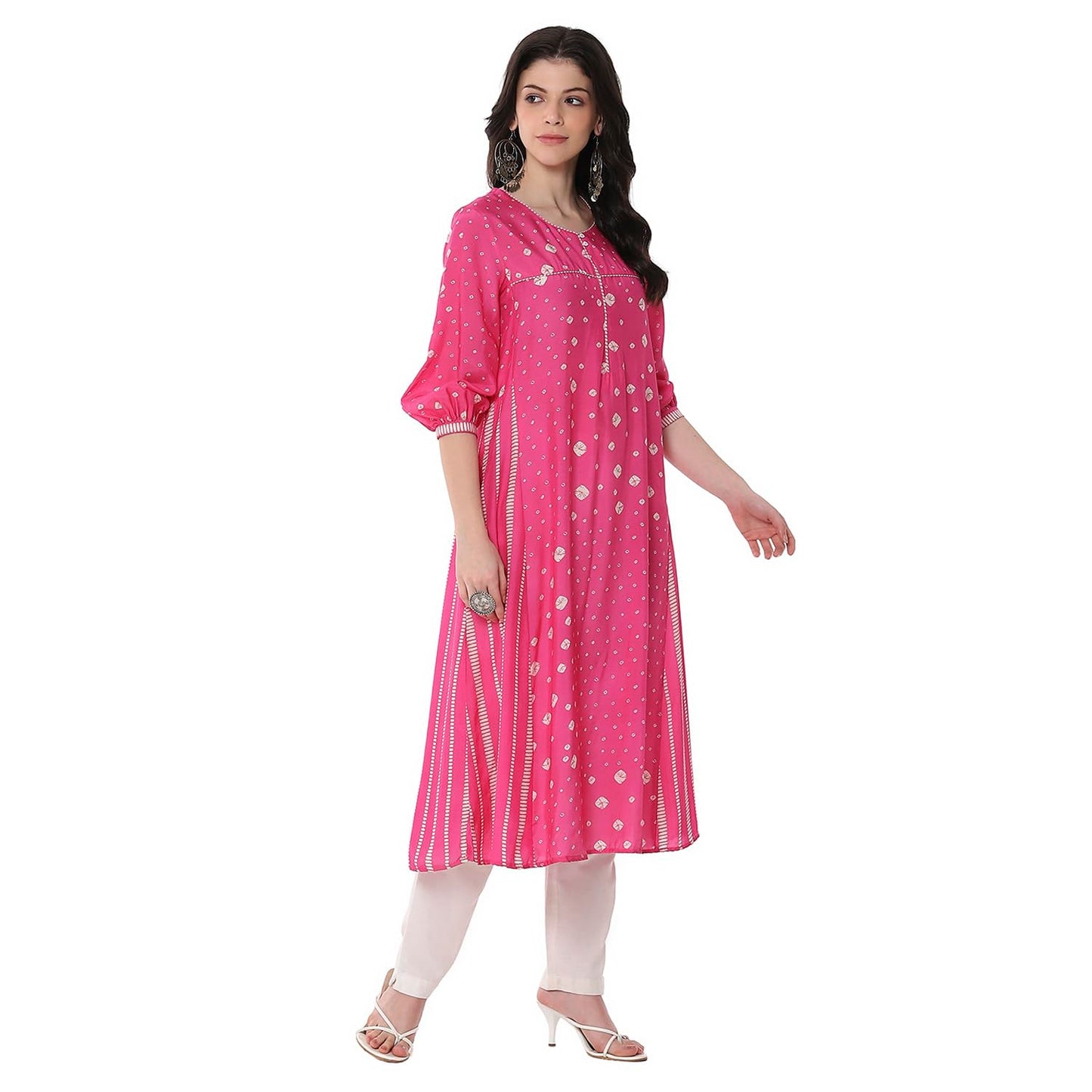 Biba Women's Pink Modal Blend A-Line Printed Kurta
