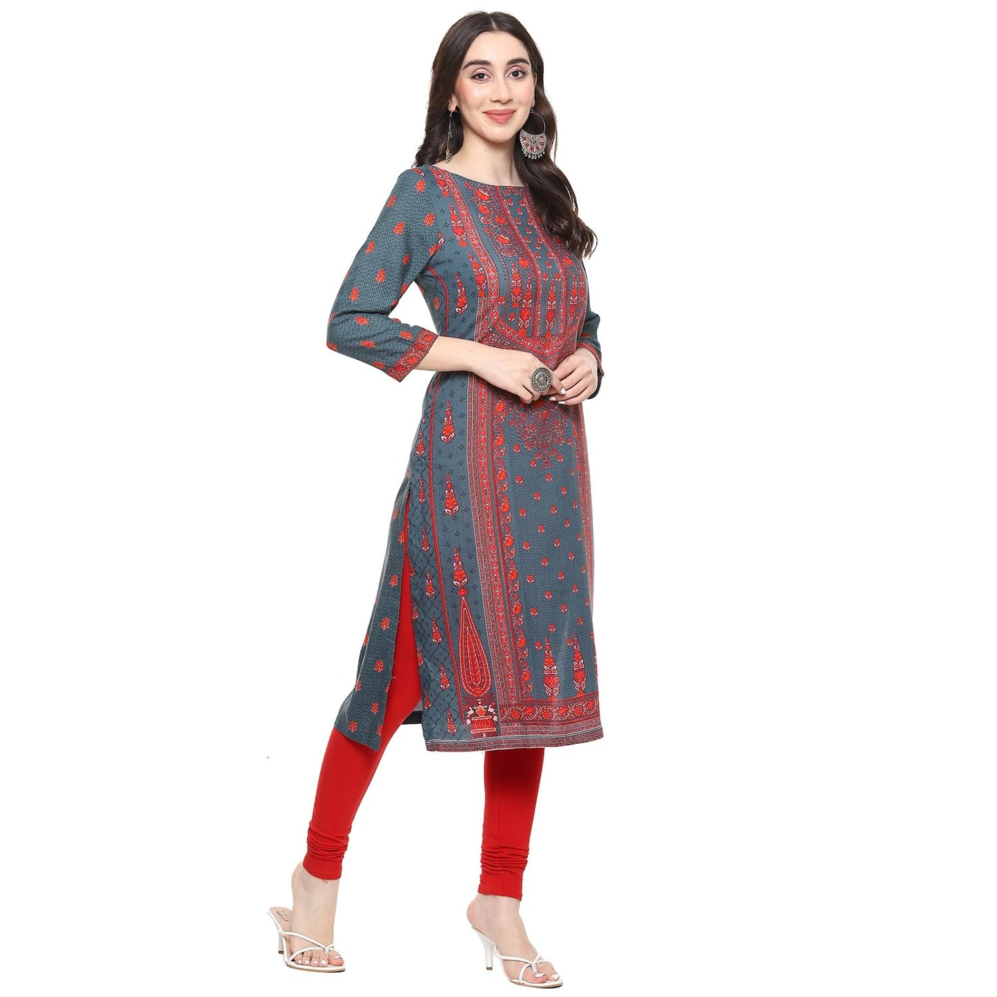 BIBA Women's Rayon Women's Regular Fit Straight Kurta Printed Mix and Match(Assorted19749_Teal_36)