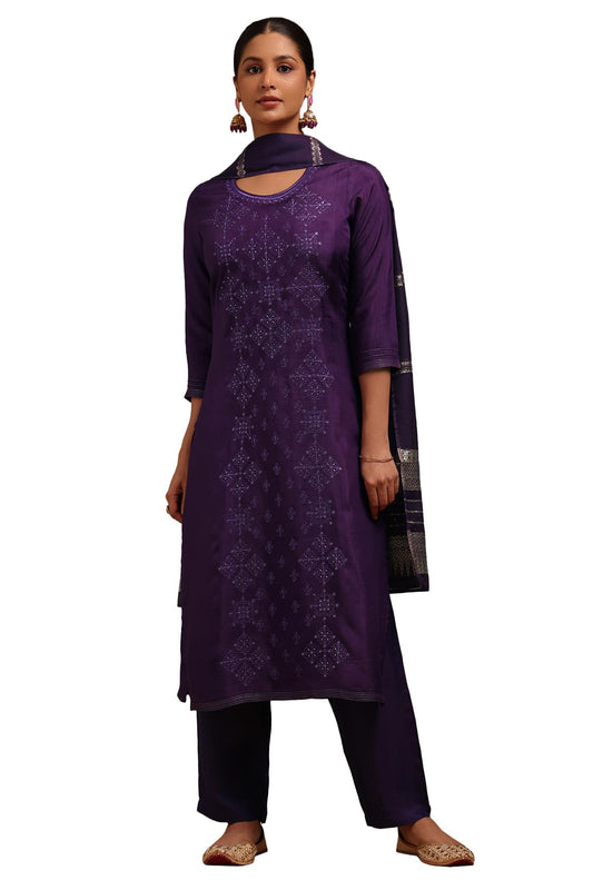 Soch Womens Purple Dola Silk Embroidered Suit Set With Thread Work