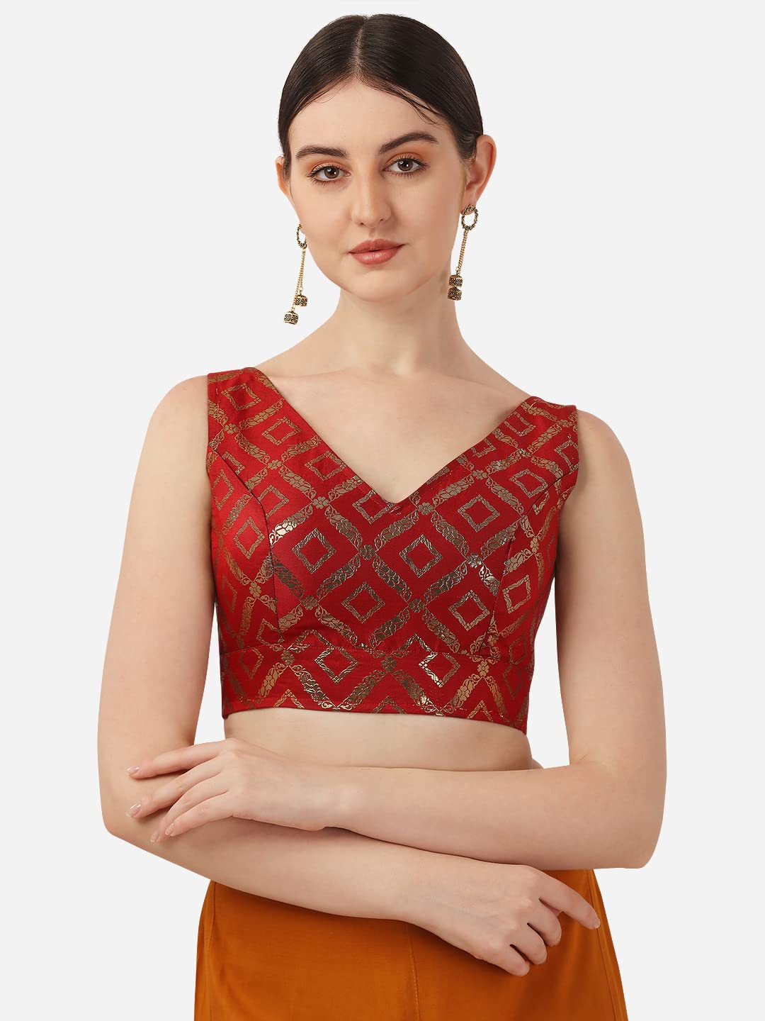 OOMPH! Women's Indian Ethnic Wear Designer Zari Work V Neck Sleeveless Blouse for Saree or Lehnga and BlousePalazzos or Skirts for a Fusion Twist.