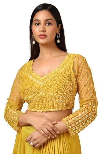 Soch Womens Mustard Beads Embellished Nylon Blend Ready-To-Wear Saree