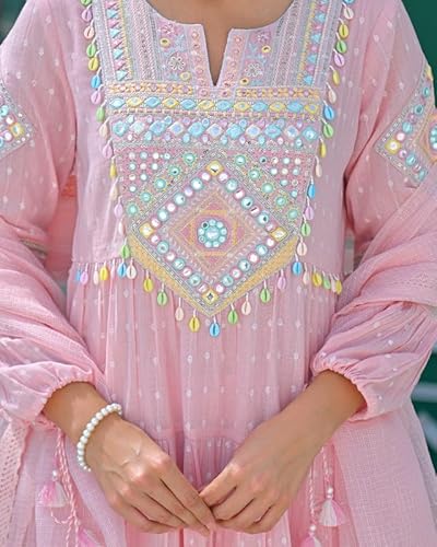AVYUKTHA | Women Ethnic Motifs Embroidered Empire Kurta Set with Trors & Dupatta | Thread Work Fit Ethnic for Women | Pink, Size- S