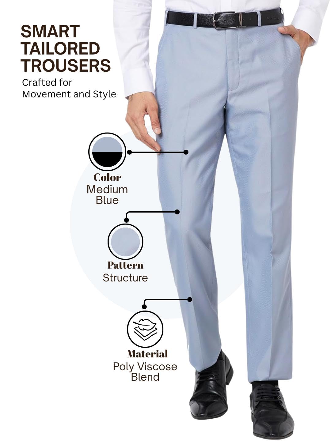 PARK AVENUE Men's Smart FIT PLEATLESS Medium Blue Formal Trouser