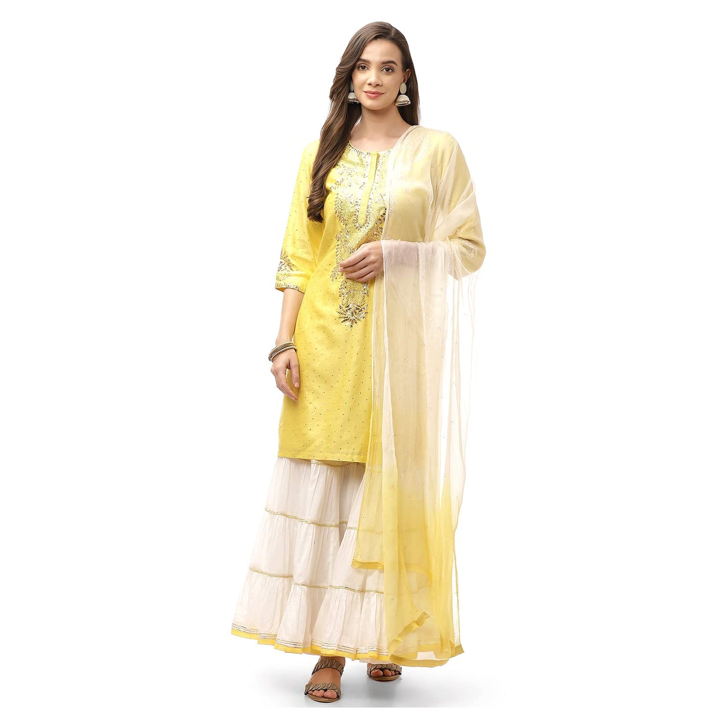 Biba WOMEN SOLID RELAXED SALWAR KURTA DUPATTA(SKDCHIKANKA7799_YELLOW/WHITE_36)