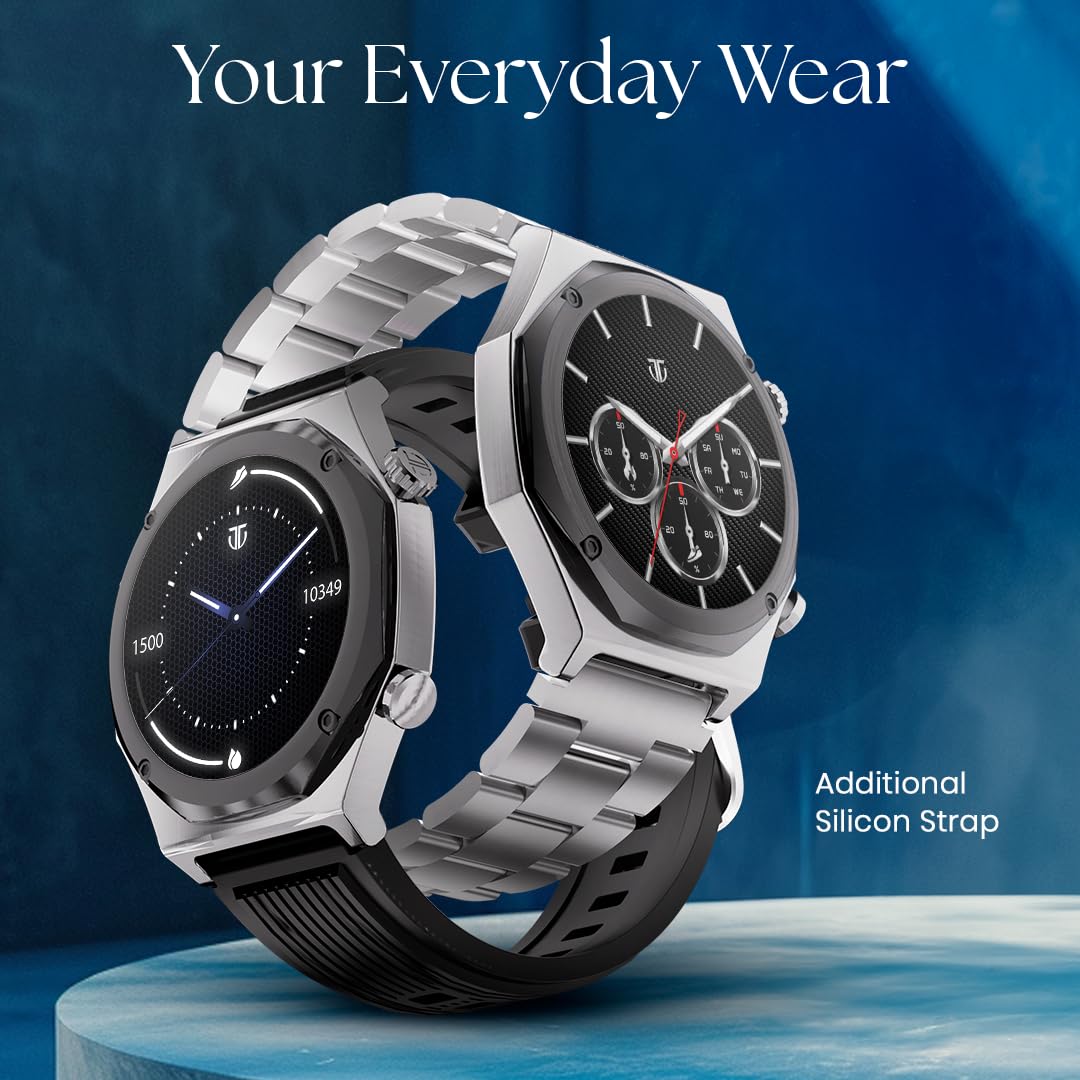 Titan Maestro 1.47" Zero Lag AMOLED Smart Watch for Man with SS316L Stainless Steel, BT Calling, 60Hz Refresh Rate, Health Tracking,10 Days Battery,Water & Dust Resistant, Extra Silicon Strap (Black)