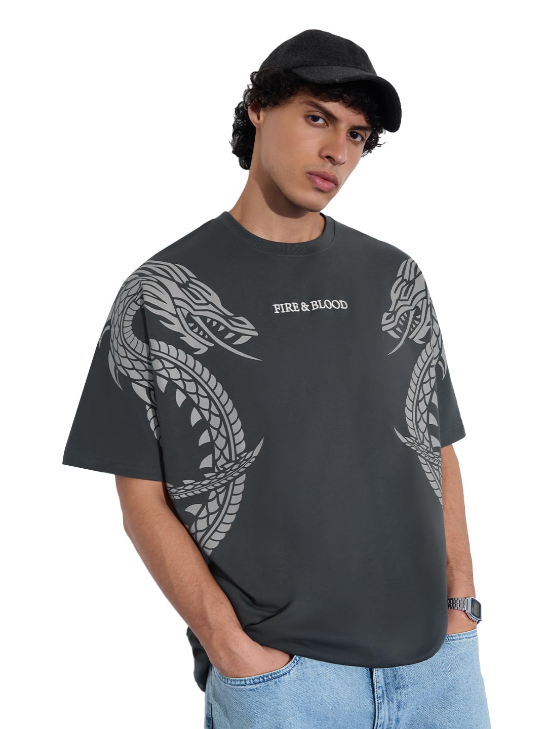 The Souled Store House of The Dragon: Fire & Blood Men and Boys Short Sleeves Round Neck Grey Graphic Printed Cotton Oversized T-Shirts