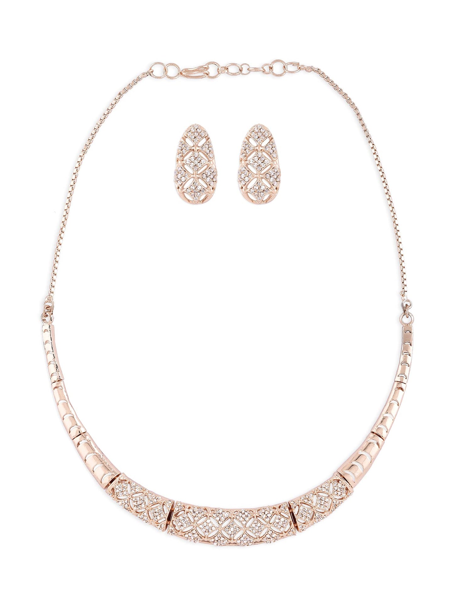 ZAVERI PEARLS Rose Gold Cubic Zirconia Party Bling Necklace & Earring Set For Women-ZPFK15274