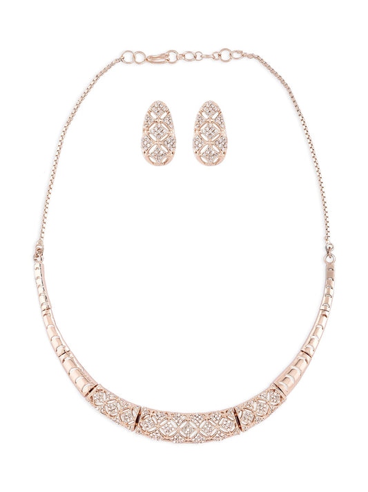 ZAVERI PEARLS Rose Gold Cubic Zirconia Party Bling Necklace & Earring Set For Women-ZPFK15274