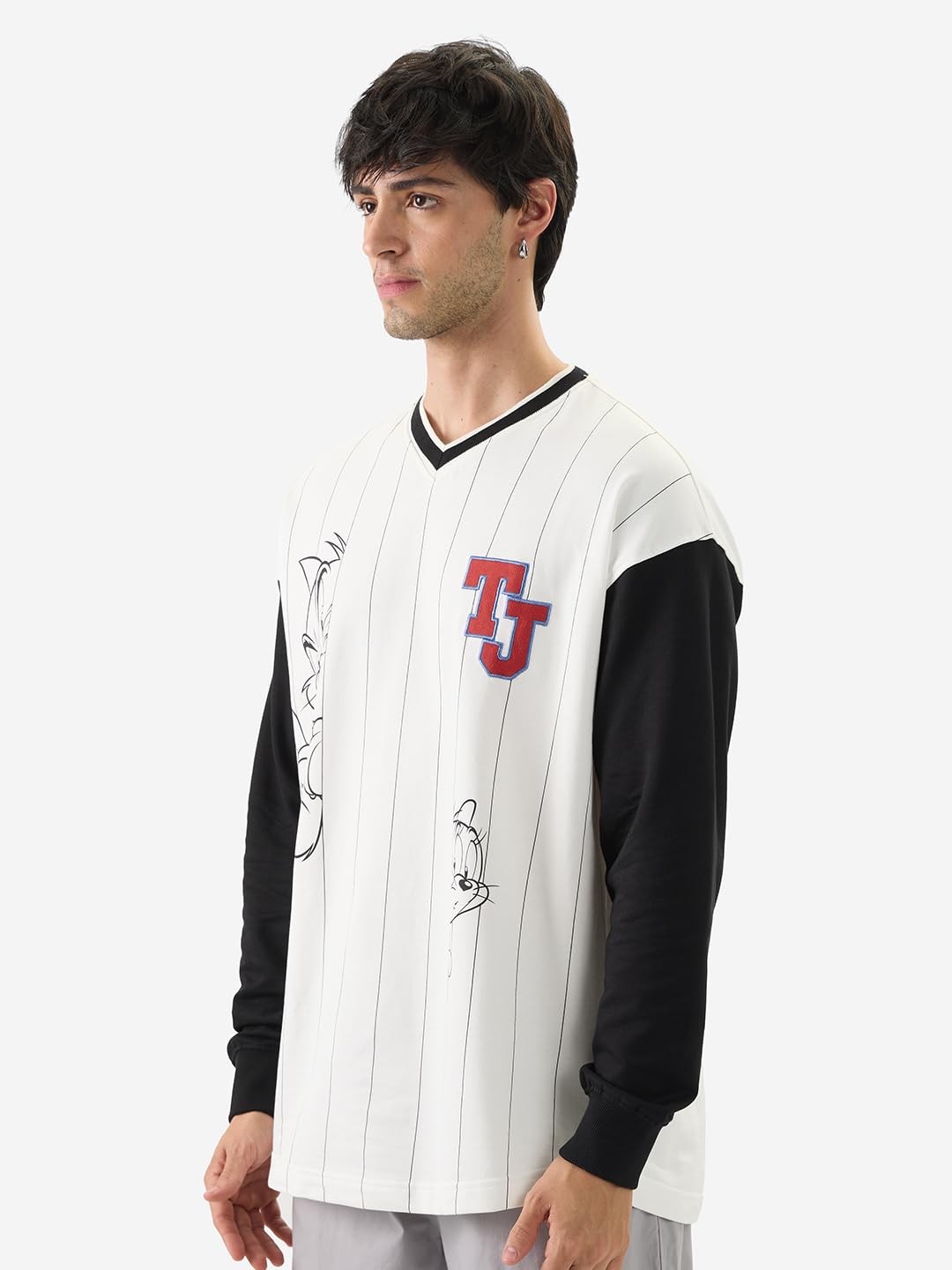 The Souled Store Official Tom & Jerry: Stripped Men and Boys V Neck Multicolor Cotton Oversized Full Sleeve T-Shirts