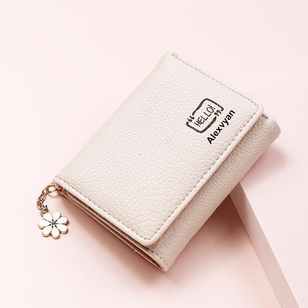 Alexvyan Hello Small Tri-Fold Women's Purse Wallet Card Organizer Female Hand Purse Clutch Women/Ladies/Girls Wallets 5 Card Holder 1 Long & 1 Small Pocket (Off White)