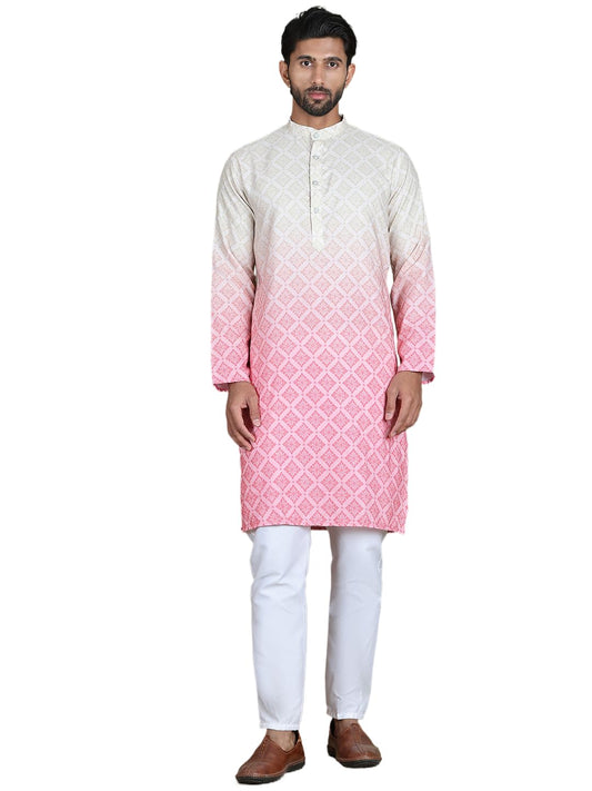 Jompers Ombre Printed Kurta Pyjama Set For Men - Peach, M
