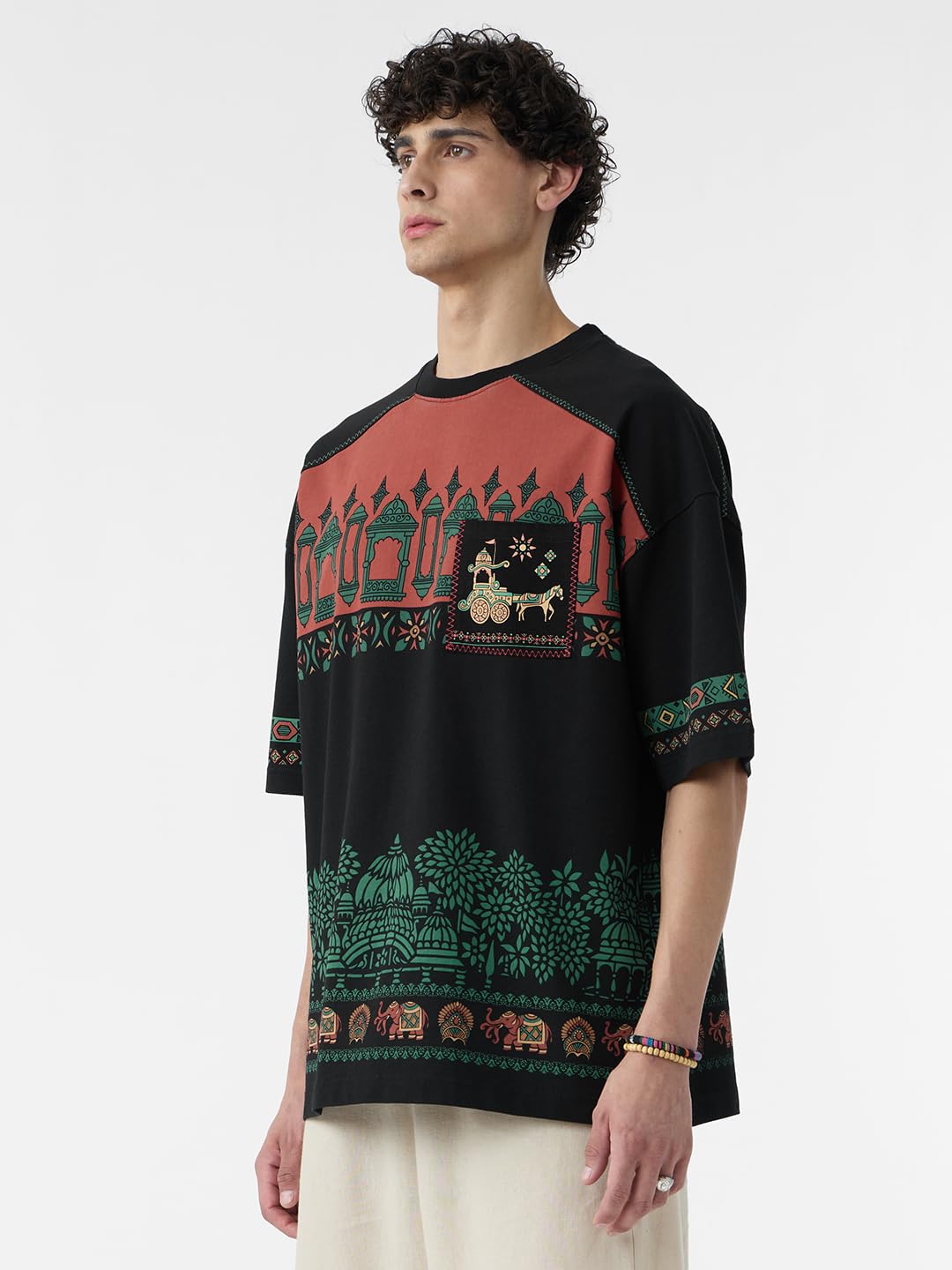 The Souled Store Kurukshetra Men and Boys Short Sleeves Round Neck Black All Over Printed Cotton Super Oversized T-Shirts