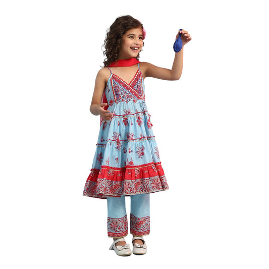 Biba Girl's Cotton Kurta Set (KWPAISLEY6399SS25SKBLU_Sky Blue