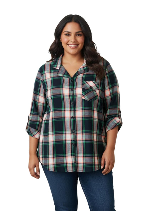 Angoori Fashion Women's Plus Size Plaid Shirt, Brown Black White Check Pattern, Button-Down with Chest Pocket, Roll-Up Sleeves (in, Alpha, M, Regular, Multicolor)