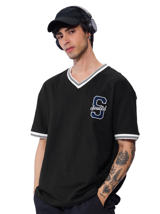 The Souled Store Varsity T-Shirt: Blue Blaze Oversized T-Shirt for Men Boys Cotton Casual Half Sleeves Baggy Loose Fit Drop Shoulder Round Neck
