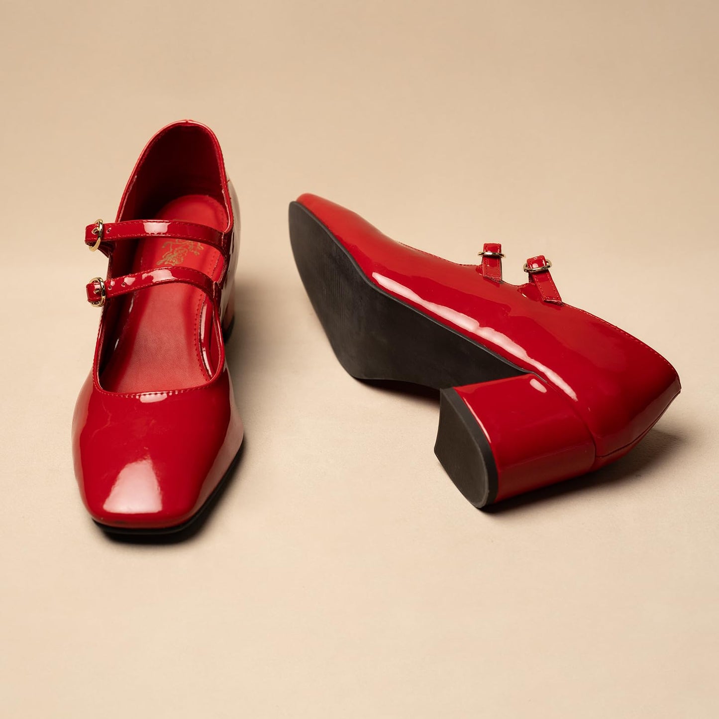 Theater Women Red Mary Jane Block Heels | Double Strap Square Toe Pumps | Stylish & Comfortable Sandals for Office, Party & Causal wear