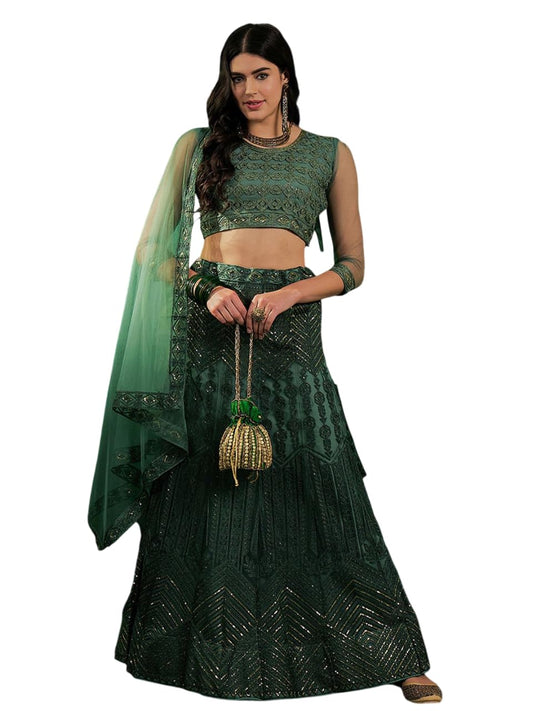 VARNI FABRICS: A lady's First Love Embroidered Lehenga Choli Set with Dupatta, Green and Gold, Zari Work, Semi-Stitched