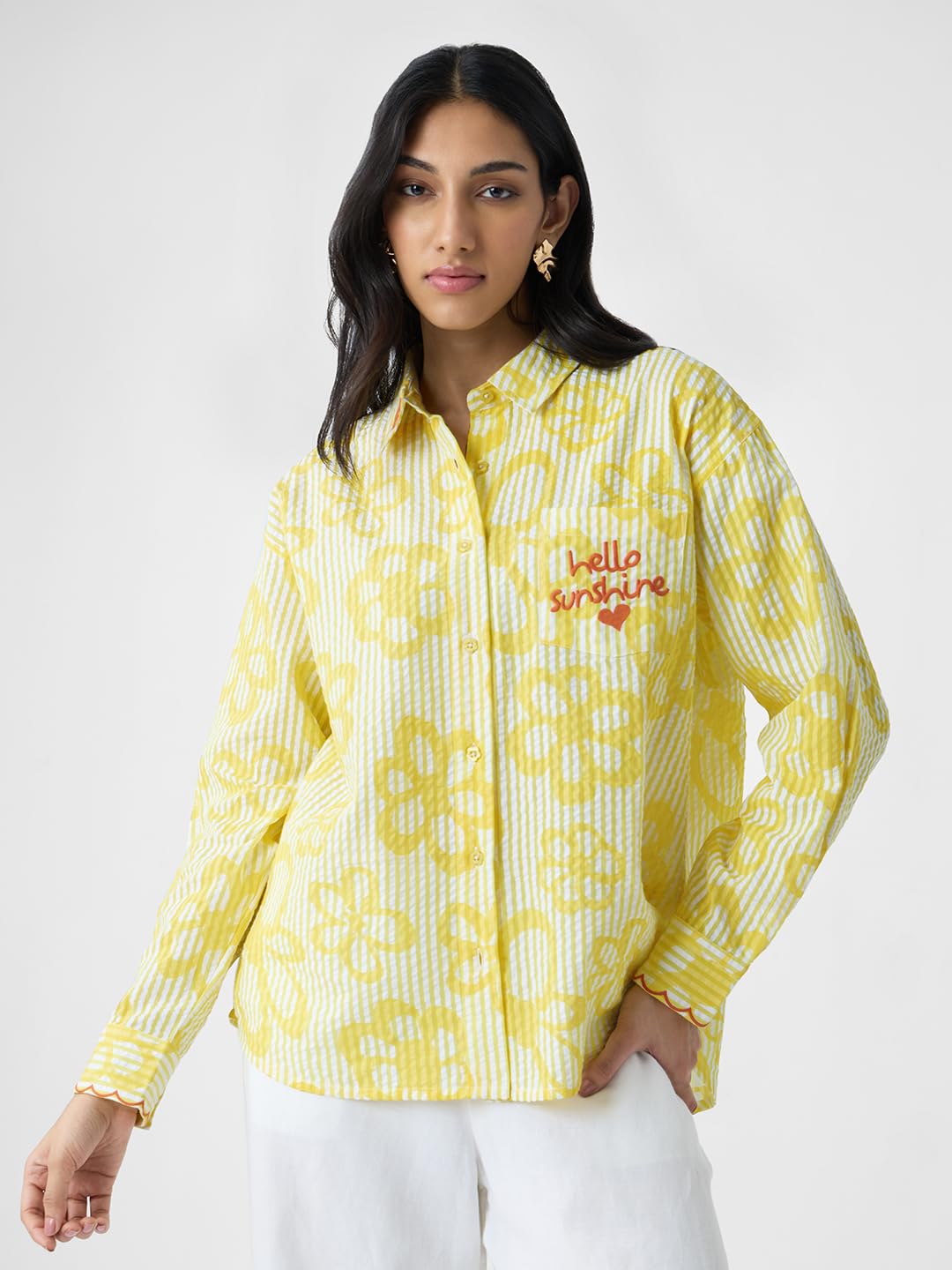 The Souled Store Hello Sunshine Women and Girls Long Sleeves Collared Neck Button Front Yellow Embroidered Cotton Boyfriend Shirts