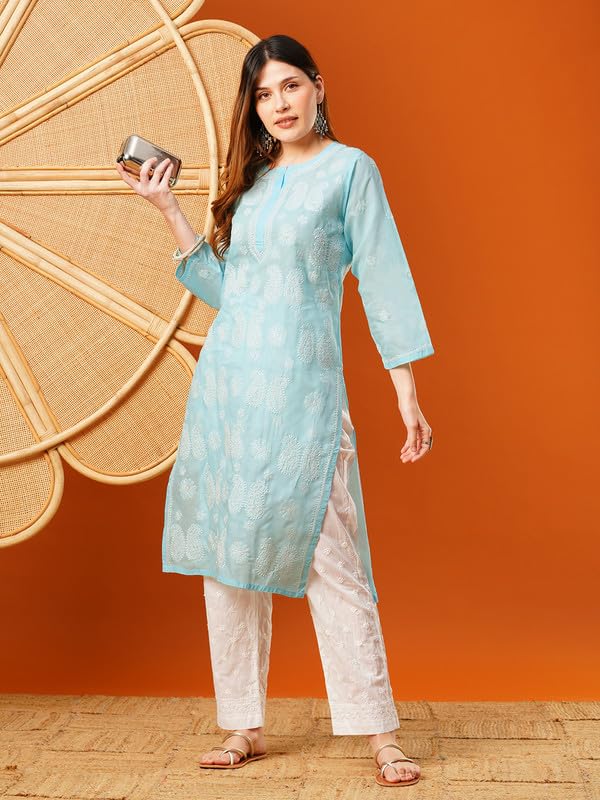 Ada Hand Embroidered Lucknowi Chikankari Cotton Kurti Kurta for Women A411616 Blue (5XL)