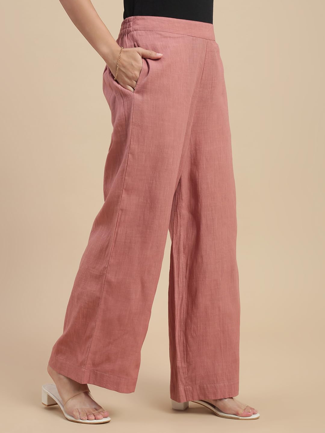 De Moza Women Regular Fit Straight Palazzo - Peach | 100% Cotton Slub | Mid Rise | 2 Pockets | Casual & Office Wear